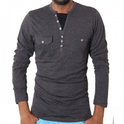 Henley Style Charcoal Double Pocket Full Sleeve T-Shirt